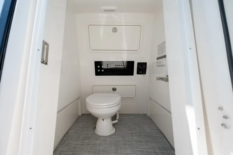 Slide: The Image of Interior of 2026 World Cat 265 CC-X boat bathroom with modern amenities. - 34