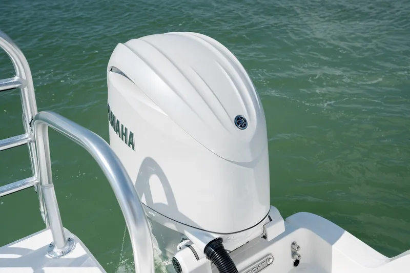 Slide: The Image of Yamaha outboard motor on 2026 World Cat 265 CC-X boat in water. - 48