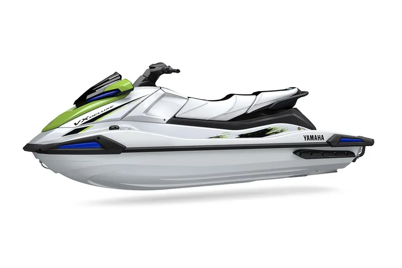 Slide: The Image of Manufacturer Provided Image: 2026 Yamaha WaveRunner VX Deluxe, white and green, side view. - 2