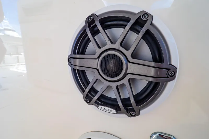 Slide: The Image of Close-up of a speaker on a 2019 Boston Whaler 350 Realm boat. - 92