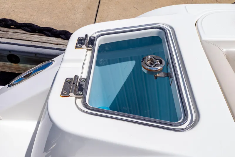 Slide: The Image of Hatch detail on 2019 Boston Whaler 350 Realm boat, dockside view. - 45