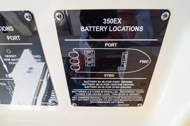 Slide: The Image of Battery location diagram on a 2019 Boston Whaler 350 Realm boat. - 67