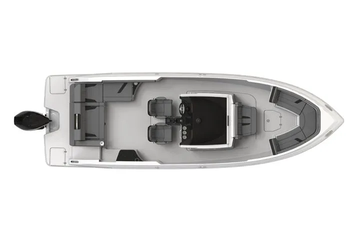 Slide: The Image of Manufacturer Provided Image: Top view of 2026 Monterey Elite 27 OB boat layout, featuring seating and helm. - 28