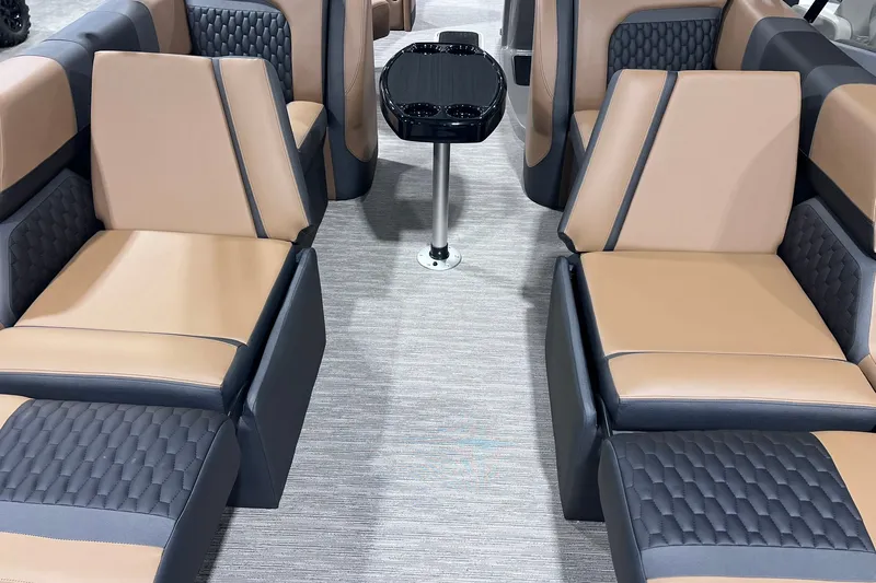 Slide: The Image of Luxurious interior of 2026 Sylvan L3 LZ DH pontoon boat with plush seating. - 19