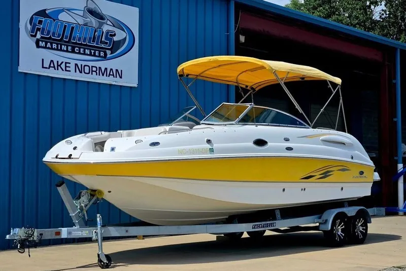 Slide: The Image of 2005 Chaparral Sunesta 254 boat with yellow canopy at Foothills Marine Center, Lake Norman. - 27