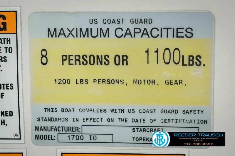 Slide: The Image of US Coast Guard capacity label for 2006 Starcraft C-Star 1700 I/O F&S boat. - 59