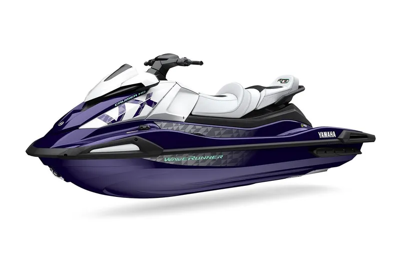 Slide: The Image of Manufacturer Provided Image: 2026 Yamaha WaveRunner VX Cruiser HO, sleek design, white and blue color scheme. - 2