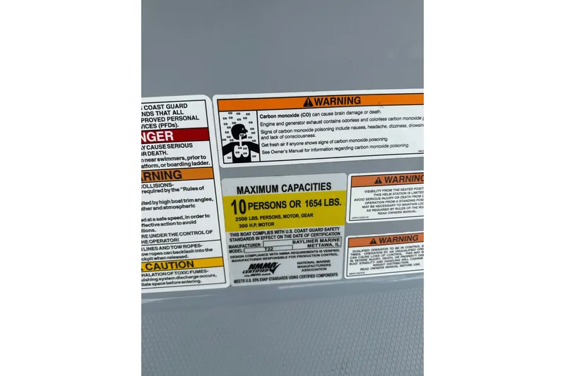 Slide: The Image of Safety warning labels on 2024 Trophy CC22 boat, detailing maximum capacity and carbon monoxide risks. - 8