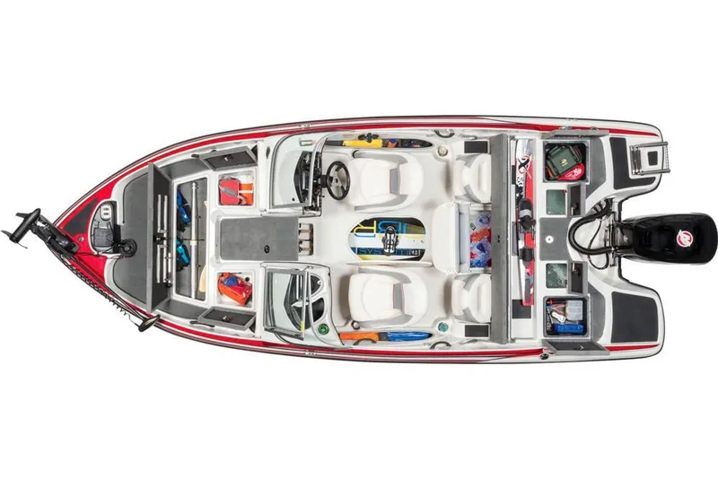 Slide: The Image of Overhead view of a 2016 Nitro Z-7 Sport boat with white and red design, multiple seats, and storage. - 26