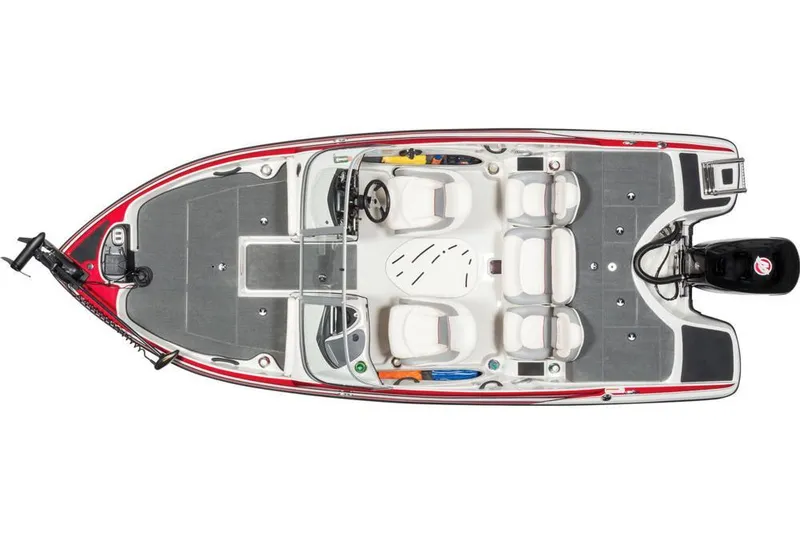 Slide: The Image of Overhead view of a 2016 Nitro Z-7 Sport boat with gray and white seating and an outboard motor. - 25