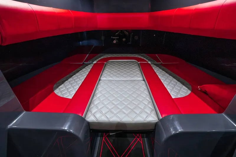Slide: The Image of Luxurious interior of 2022 Deep Impact 399 Sport boat with red and gray seating. - 82