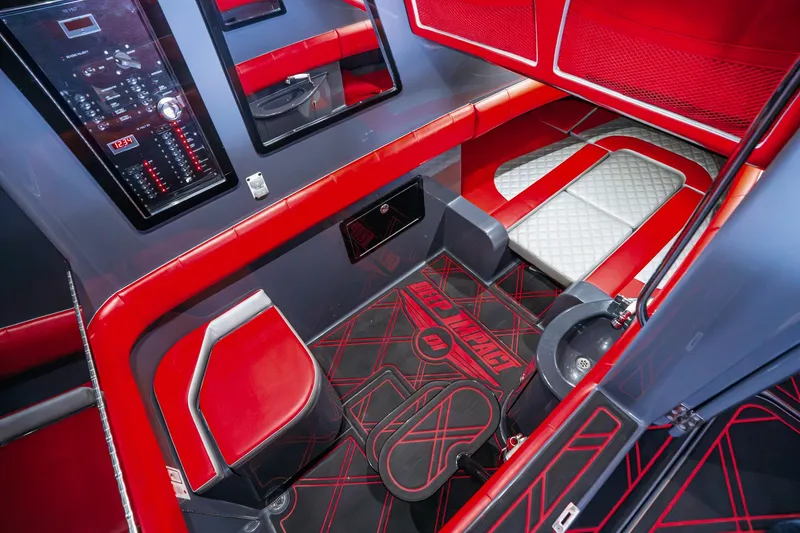 Slide: The Image of Interior of 2022 Deep Impact 399 Sport boat with red and gray modern design. - 80