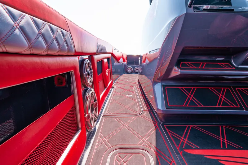Slide: The Image of Interior of 2022 Deep Impact 399 Sport boat with red and black luxury design. - 40