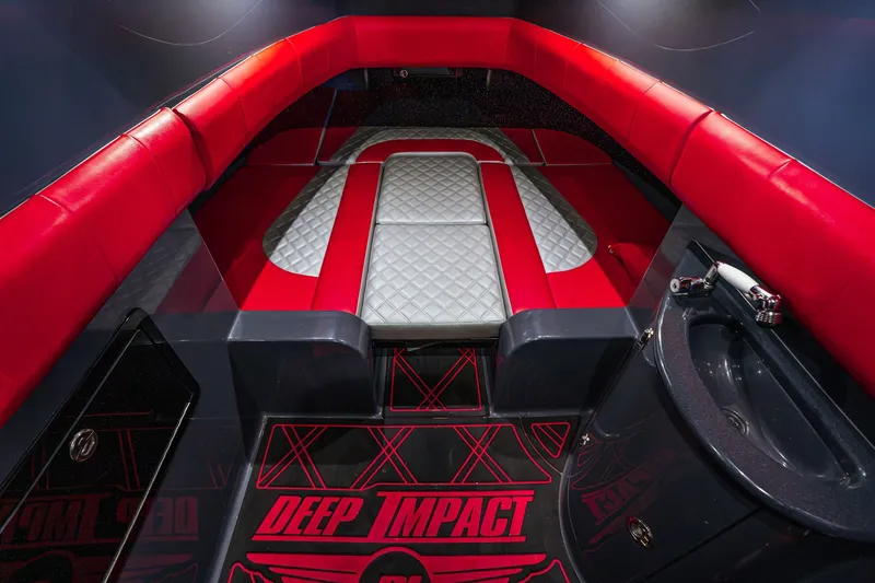Slide: The Image of Luxurious interior of 2022 Deep Impact 399 Sport boat with red seating and sleek design. - 85
