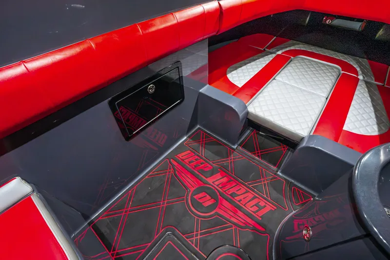 Slide: The Image of Interior of 2022 Deep Impact 399 Sport boat with red and white seating. - 81