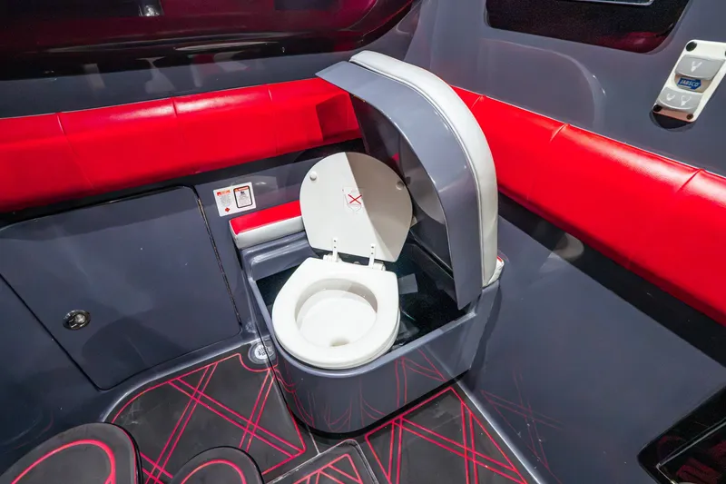 Slide: The Image of Luxury boat interior with modern toilet, red and gray design, Deep Impact 399 Sport 2022 model. - 91