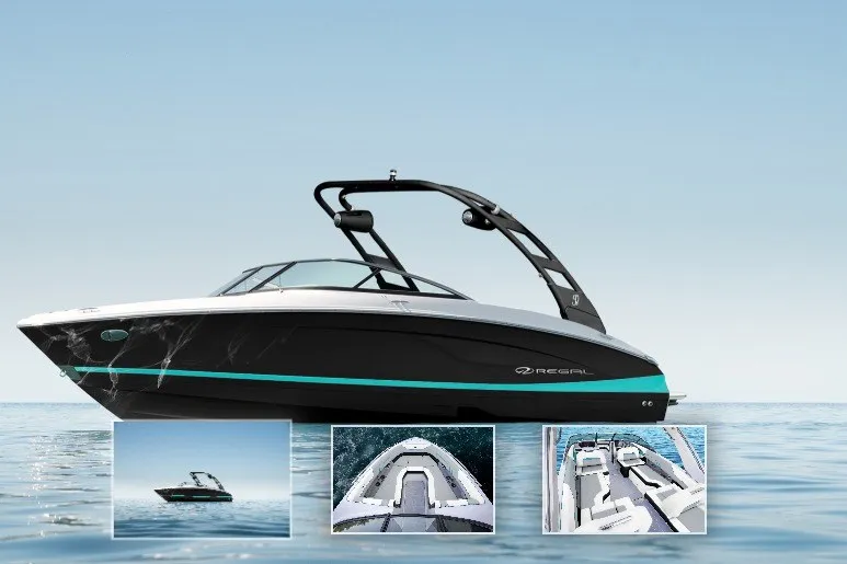 The Image of 2027 Regal LS4 Surf boat on water, showcasing sleek design and luxurious interior. - 1