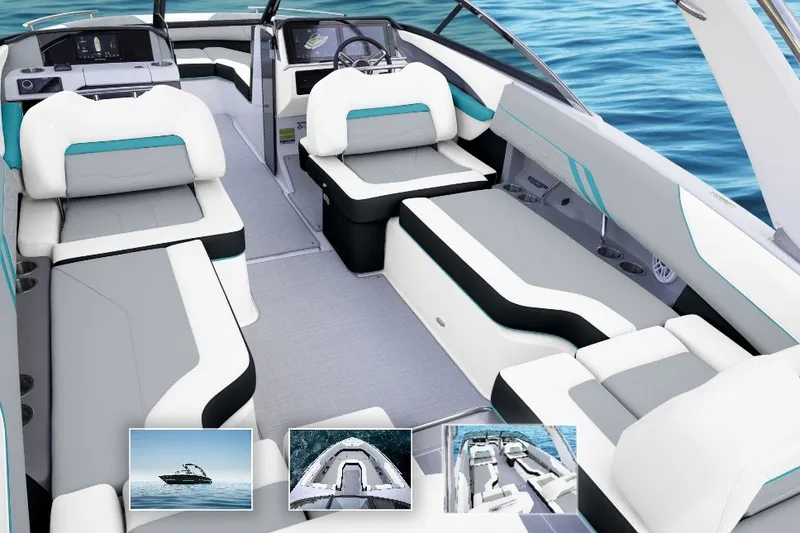 Slide: The Image of 2027 Regal LS4 Surf boat interior with modern seating and sleek design on the water. - 3