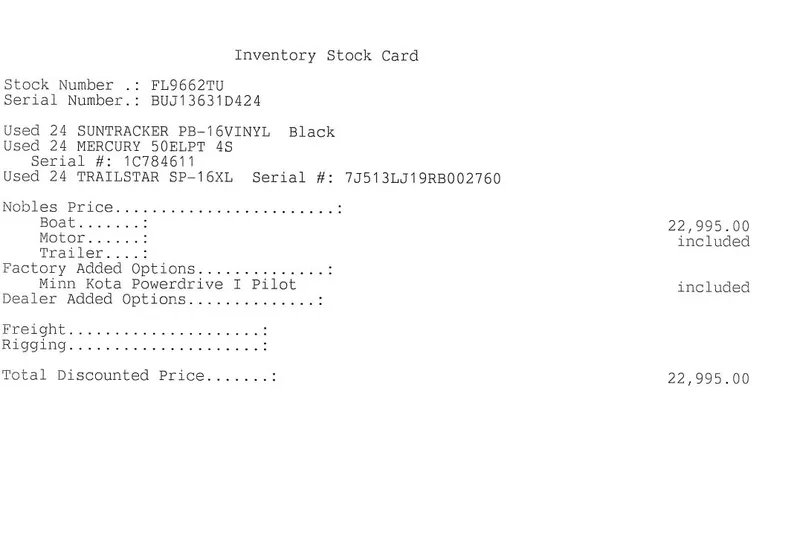 Slide: The Image of Inventory stock card for a 2024 Sun Tracker Party Barge 16 DLX, priced at $22,995. - 13