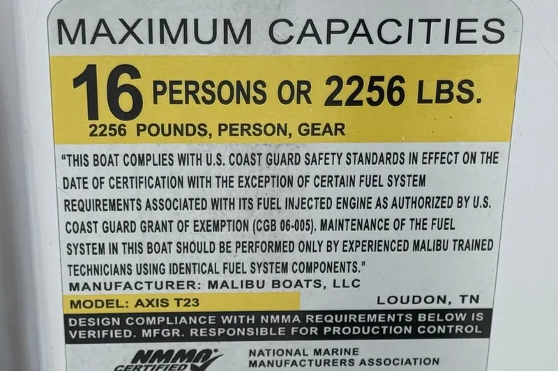Slide: The Image of Axis T23 boat capacity label: 16 persons or 2256 lbs, compliance details included. - 36