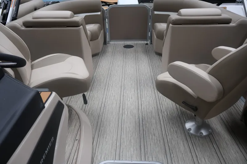 Slide: The Image of Luxurious interior of 2026 Premier 210 Sunsation RF - CL pontoon boat with plush seating. - 21
