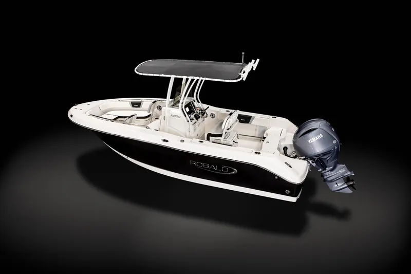 Slide: The Image of Manufacturer Provided Image: 2025 Robalo R200 Center Console boat with Yamaha outboard motor, black hull, and T-top. - 14