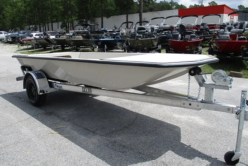 Slide: The Image of 2027 Delta Boatworks DELTA D1550 on trailer, parked in a boat dealership lot. - 5