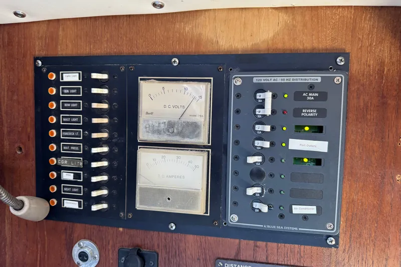 Slide: The Image of Electrical control panel on a 1980 Morgan 382 sailboat, featuring voltage and amperage meters. - 14