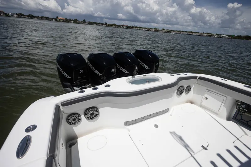 Slide: The Image of 2015 Yellowfin 39 Offshore boat with Mercury engines on a calm sea. - 27