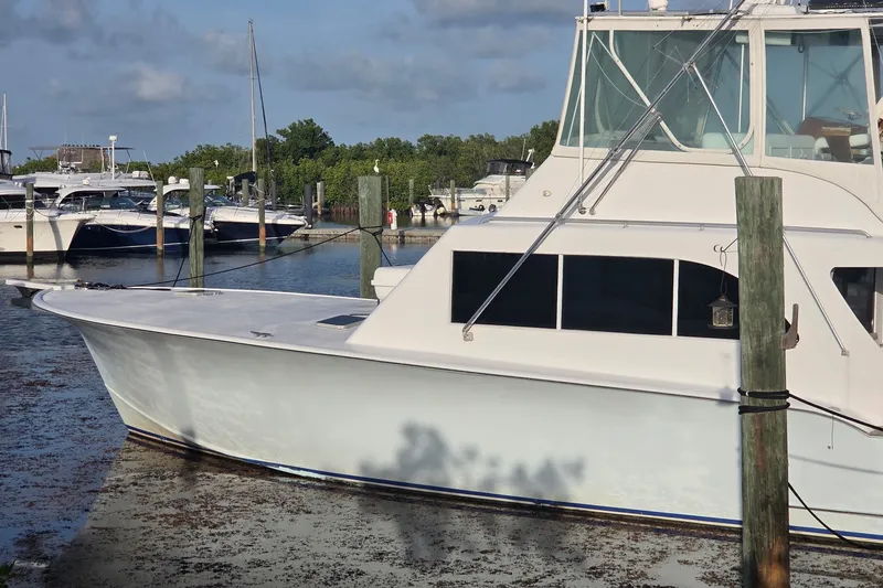 The Image of 1991 Blackwell 54 Custom Carolina yacht docked in a marina under a clear sky. - 2