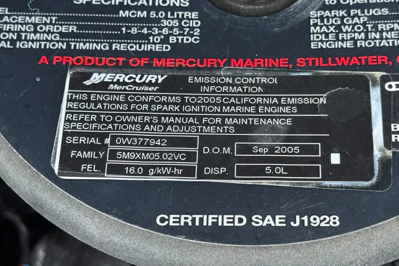 Slide: The Image of Mercury MerCruiser engine label on 2006 Four Winns 200 Horizon, emission control details. - 18