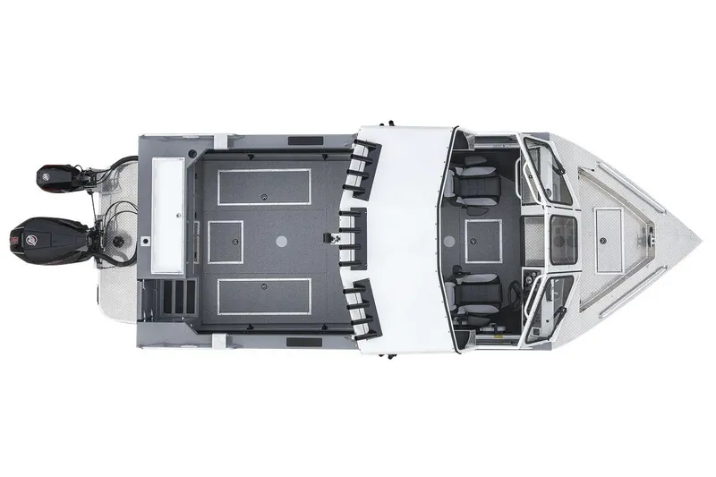 Slide: The Image of Manufacturer Provided Image: Top view of 2025 Lund 210 Heavy Gauge boat, featuring spacious seating and dual outboard motors. - 39