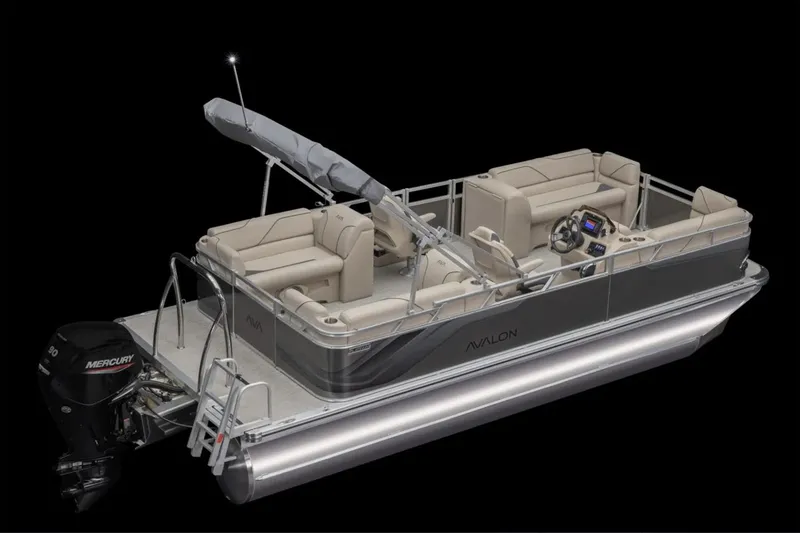 Slide: The Image of Manufacturer Provided Image: 2025 Avalon VENTURE QUAD LOUNGER pontoon boat with Mercury outboard motor. - 4