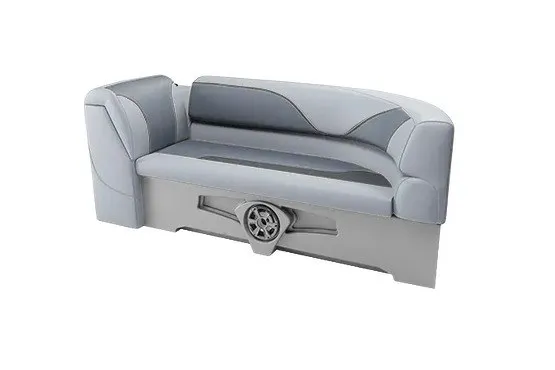 Slide: The Image of 2027 Avalon Venture Quad Lounge 21' boat seat, featuring sleek gray design and integrated speaker. - 2
