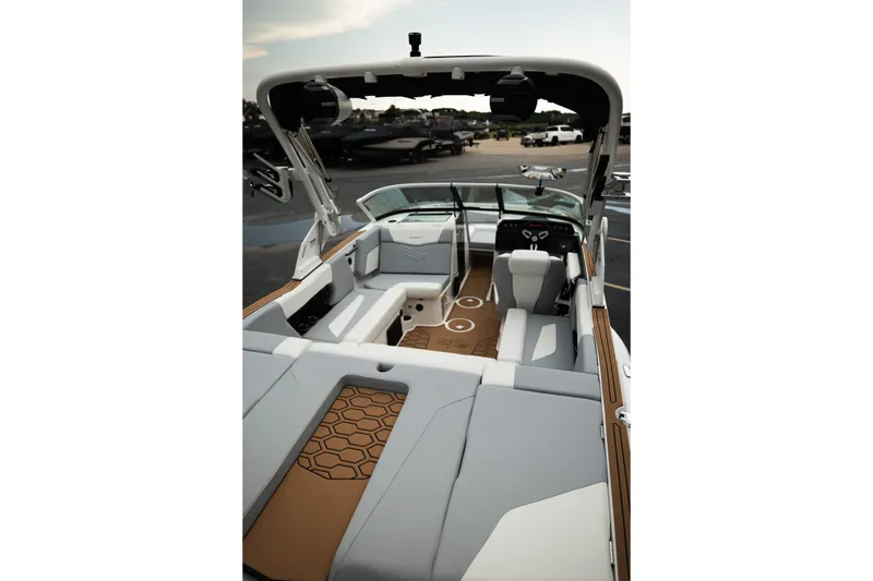 Slide: The Image of 2027 MasterCraft NXT20 boat interior with sleek seating and modern design. - 23