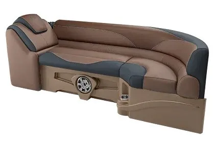 Slide: The Image of 2026 Avalon LSZ Quad Lounge Shift boat seating, brown and black upholstery, cup holder, speaker. - 2