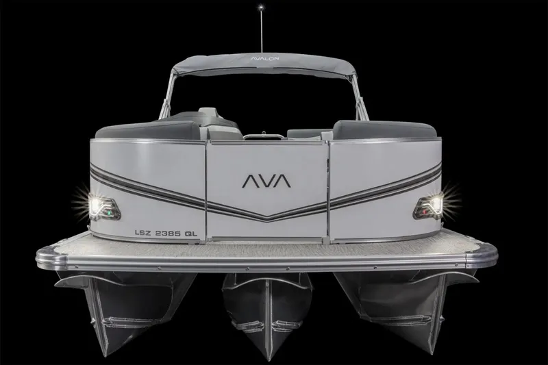 Slide: The Image of Manufacturer Provided Image: 2025 Avalon LSZ Quad Lounger Shift pontoon boat, front view, sleek design, illuminated lights. - 6