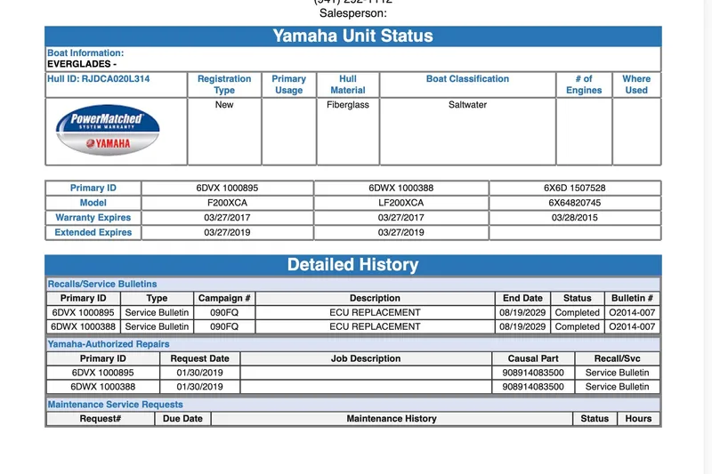 Slide: The Image of Yamaha unit status and detailed history for Everglades 255 Center Console, 2014 model. - 40