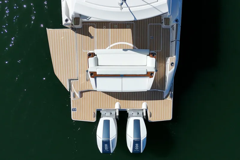 Slide: The Image of Aerial view of 2027 Tiara Yachts 39 LE with twin engines and spacious deck. - 24