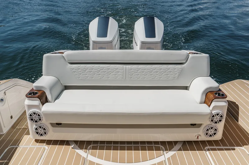Slide: The Image of Luxurious seating on 2027 Tiara Yachts 39 LE, featuring elegant design and dual engines. - 31