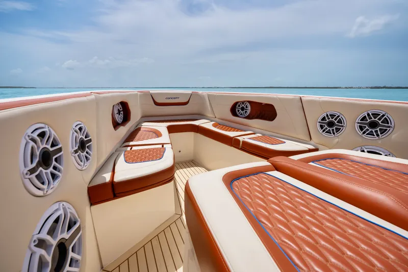 Slide: The Image of Luxurious interior of 2024 Concept 44' Open Deck boat with elegant seating and speakers. - 37