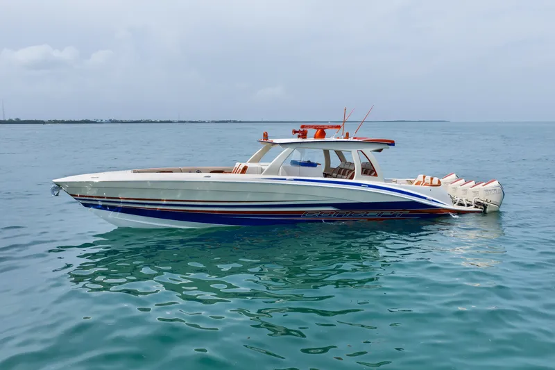 Slide: The Image of 2024 Concept 44' Open Deck boat on calm ocean waters. - 14