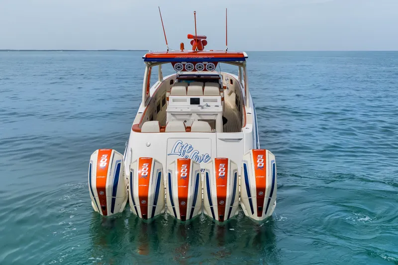 Slide: The Image of 2024 Concept 44' Open Deck boat with quad 500 horsepower engines on open water. - 17