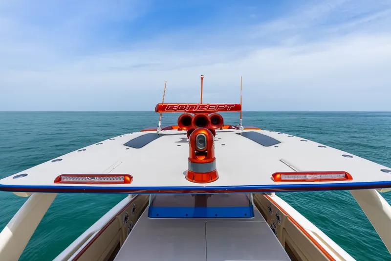 Slide: The Image of 2024 Concept 44' Open Deck boat on open sea, showcasing sleek design and advanced features. - 40