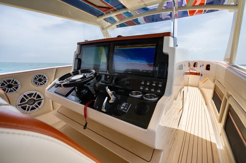 Slide: The Image of Luxurious 2024 Concept 44' Open Deck boat interior with advanced navigation system. - 19