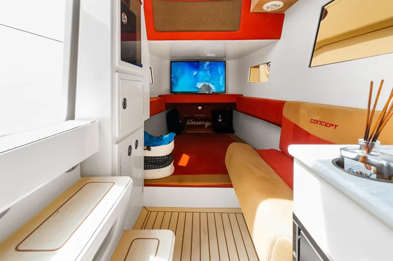 Slide: The Image of Luxurious interior of 2024 Concept 44' Open Deck boat with modern amenities. - 43