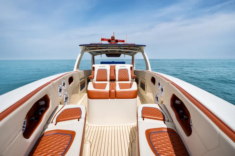 Slide: The Image of Luxurious 2024 Concept 44' Open Deck boat with elegant seating on open water. - 36