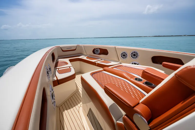 Slide: The Image of Luxurious 2024 Concept 44' Open Deck boat with elegant seating and ocean view. - 35