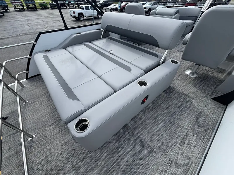Slide: The Image of The image shows the gray upholstery of a 2027 Bentley Pontoons 200 Legacy Swingback. - 28