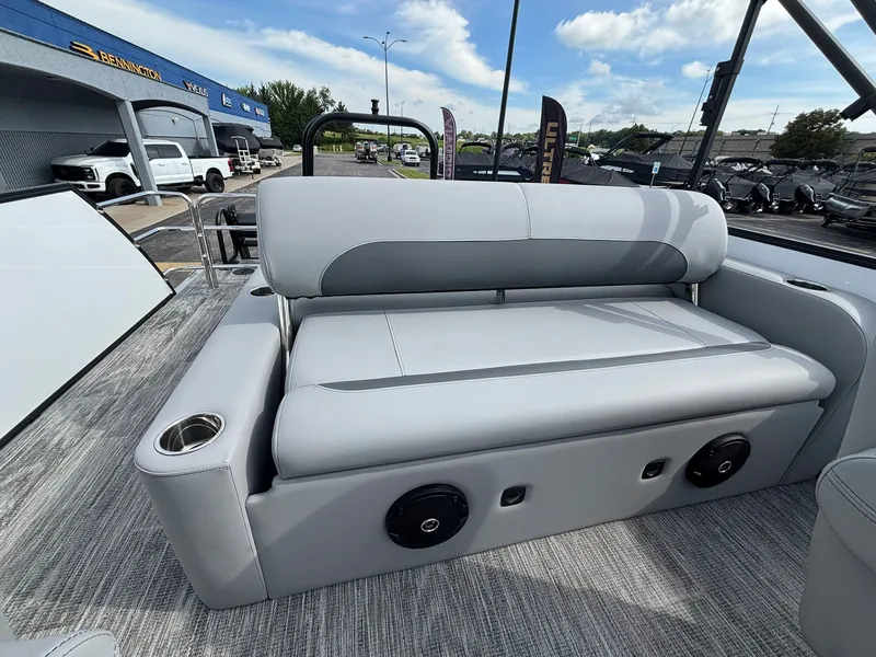 Slide: The Image of The image shows the backrest of a 2027 Bentley Pontoons 200 Legacy Swingback with gray upholstery. - 25